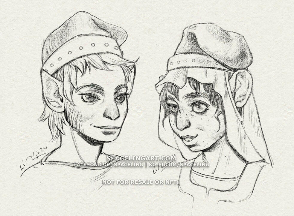 A digital pencil sketch of a couple of mouse-looking people with more humanoid faces. They have large eyes, flat mouse-like noses, and large ears; one person has pointed ears while the other has round ears. They are both wearing a floppy hat, and one perso
