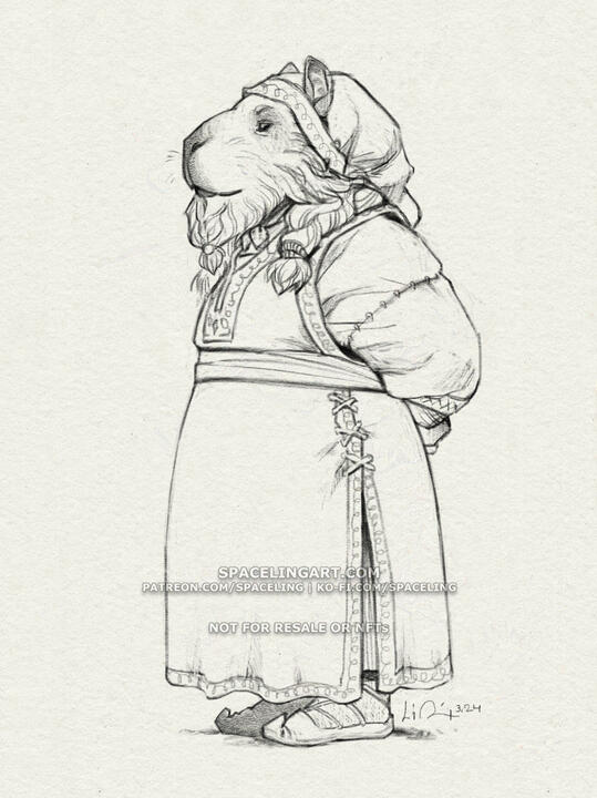 A digital pencil-sketch of a short and stout peasant dressed in early medieval-inspired clothing. She has a face like a capybara and her beard is in a short braid. She also has her hair in two braids beneath her head-scarf. The woman is facing left and smi
