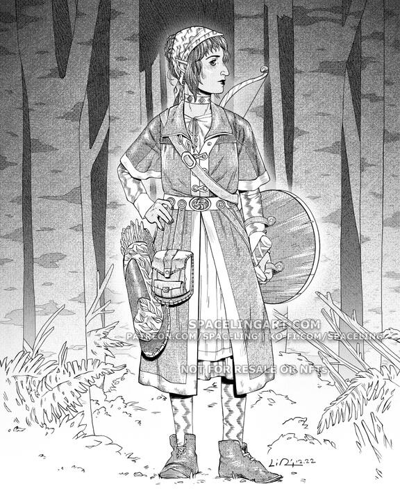 A black-and-white line illustration of an elf in early medieval-European archer's gear: a tunic with an overcoat, stockings, short leather boots, a quiver hanging from her waist, a bow on her back, a small shield in her left hand, and a short sheathed on h