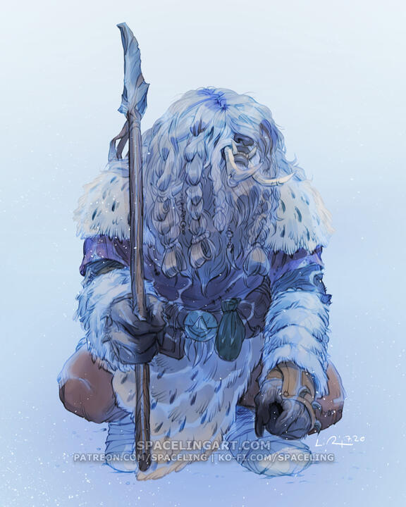 An illustration of a yeti-like person, an Ice Giant, wearing seal fur and roughly sewn-together leather clothing. They a long white mane in braids, and two long mammoth-like tusks jutting from their mouth. The Ice Giant is squatting in the snow and holding