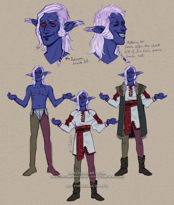 Concept sketches of an elf. There are two portraits side by side: both are 3/4 view, or thereabouts, and show two different hairstyles. He has purplish-blue skin, white hair with light purple roots, and red eyes. Underneath the portraits is the same elf in