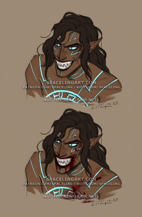 A brown-skinned elf with sharp teeth, glowing eyes, and glowing runes on his body. He is smiling widely and his hair is dishevelled. There is blood on his face from a vampiric feast.