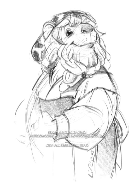 A rough sketch of a smiling rodent-like woman with a scarf over her head and her beard in braids.