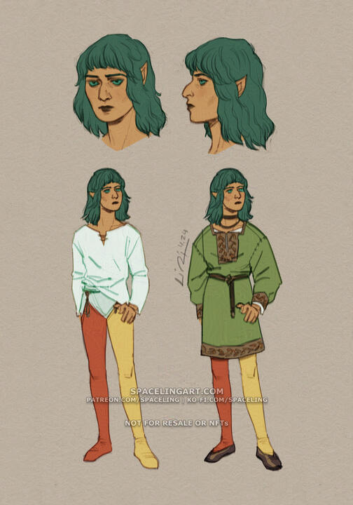 Concept sketches of an elf. There are two portraits side by side: one in 3/4 view and another from the side. The elf has a medium skin tone, green hair, and vibrant green eyes. Underneath the portraits is the elf standing in early medieval smallclothes com