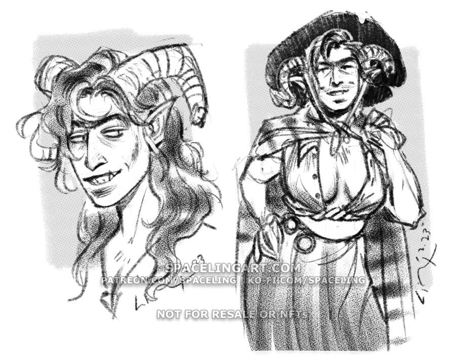 Two rough sketches of a person with ram's horns, slit pupils, and one tusk. The first sketch is a portrait of them smiling. The second sketch is of them in a wide-brim hat, long skirt, a wool cape, and an unbuttoned shirt, revealing their chest.
