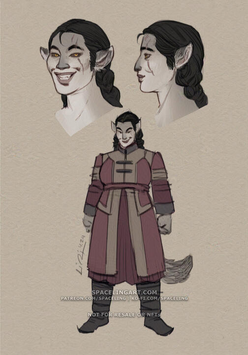 Concept sketches of a wolf-like woman. There are two portraits side by side: one in 3/4 view and another from the side. She is a woman of sturdy build with a friendly, smiling face. Her dark hair is arranged in two thick braids that hang behind. She has wo