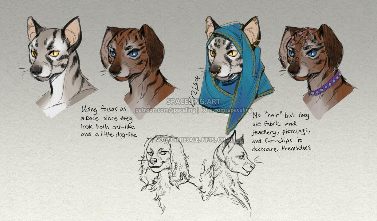 Concept artwork of beast-folk, or anthropomorphic cat- or dog-like people. The first two sketches show a pair: one has grey fur with black stripes, bright yellow eyes, and upright cat-like ears; the second has brown fur with black stripes, dark blue eyes,