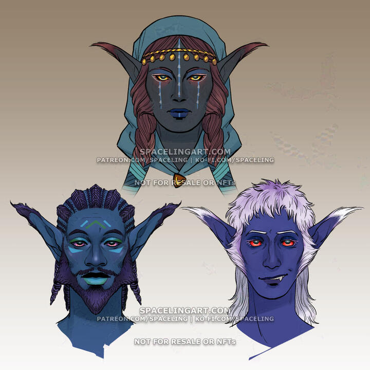 Portraits of three blue-skinned elves with long pointed ears ending in tufts of fur, and facial hair or fur running down the sides of their faces somewhat like a cat's. The first elf has more greyish skin, gold-coloured eyes, red hair in two long braids, a