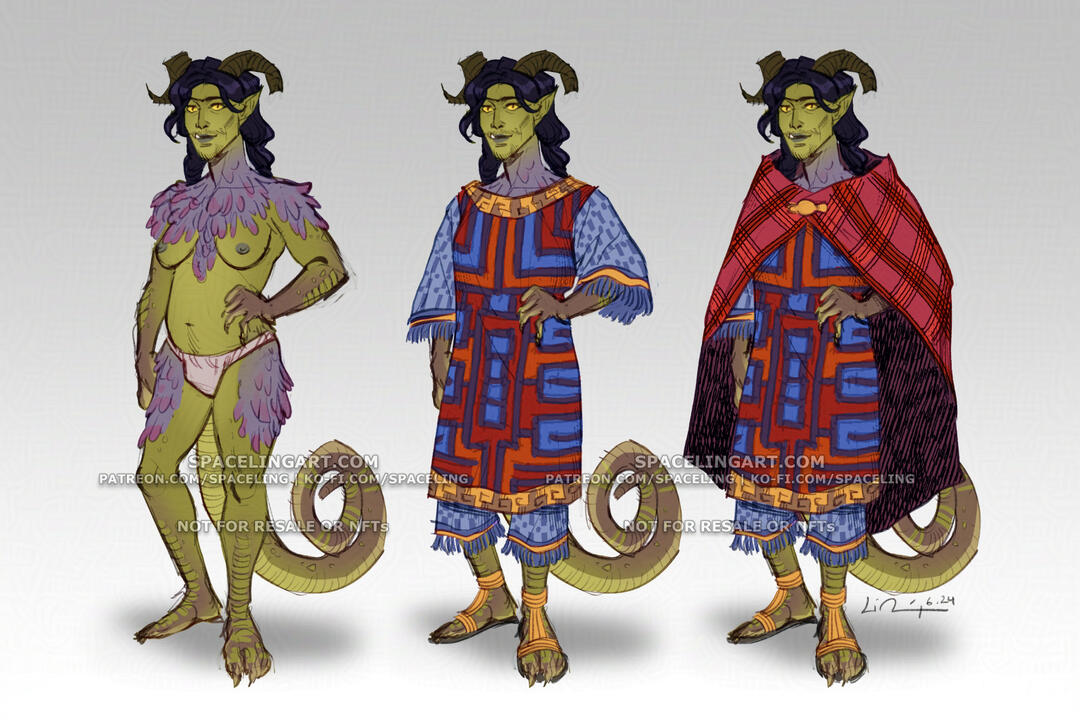 Concept artwork of a veshna intersex person; they have dark hair in two braids, yellow snake-like eyes, sparse purple features, scaled and clawed hands and feet, and a curly lizard tail. The first sketch depicts the individual topless with exposed breasts