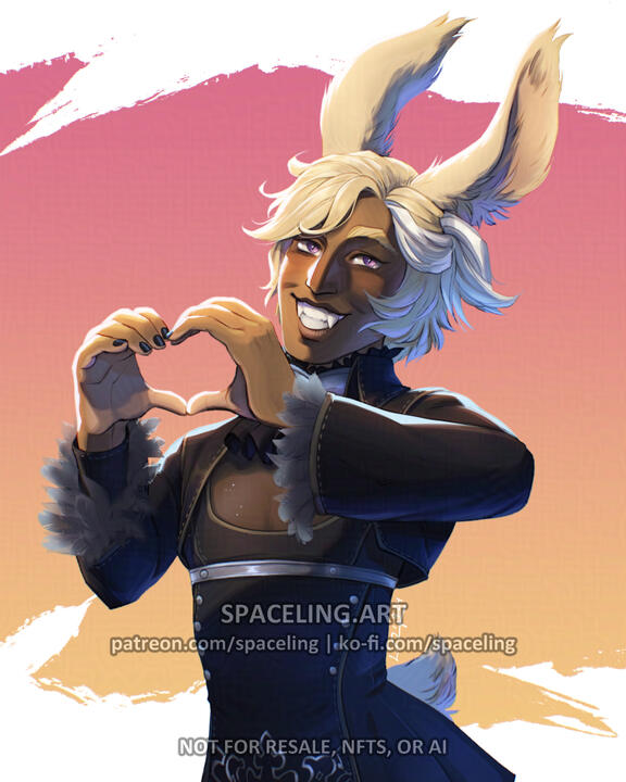 Illustration of a rabbit-like person with fangs and slit pupils, smiling at the viewer and holding his hands up into a heart shape. He has a medium complexion, blond hair, blond rabbit ears and tail.