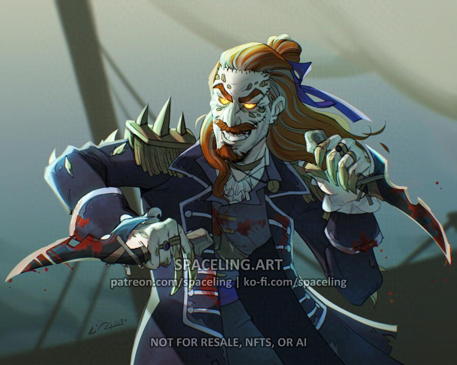 Fanart illustration of an undead sailor from World of Warcraft. The character is wielding two bloodied daggers and grinning at the viewer.