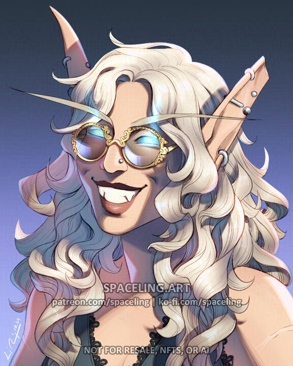 Portrait illustration of a smiling elf with long, fair hair and sunglasses.