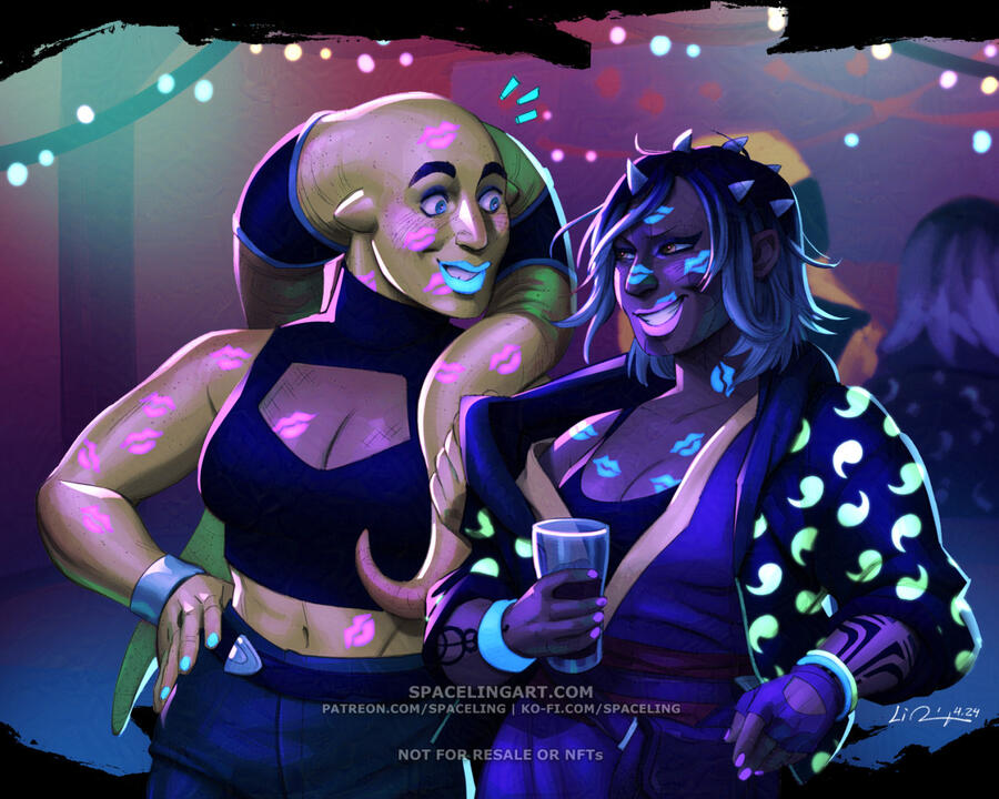 A continuation of the previous image of the twi'lek and zabrak in a club. The lighting has changed to U.V., making all of the neon elements glow. The U.V. lights also reveal lipstick marks from the two women's kisses all over each other in their respective