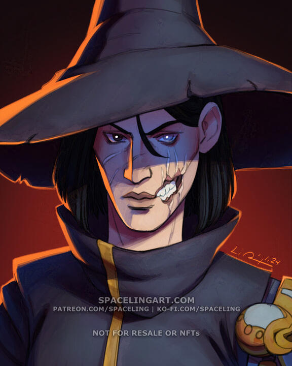 Portrait of a woman with a scarred face and what looks like a tall witch's hat. She has teeth showing through the missing cheek of her left face, and a blind eye.