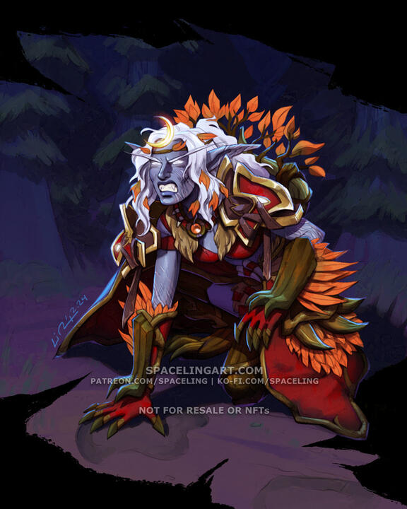 Illustration of a crouched night elf baring her fangs as her hand rests in the giant footprint of a kodo. The elf is garbed in druidic attire and adorned with autumn leaves.
