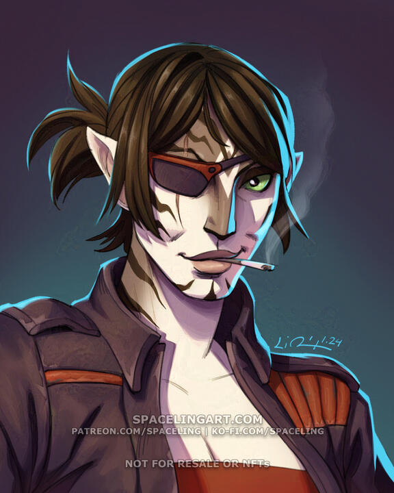 Digital portrait illustration of a cathar from Star Wars. The character is female with short-ish brown hair in a loose ponytail. She has short brown and white fur with black stripes over her face and neck and cat-like ears. She is wearing a black pilot's j