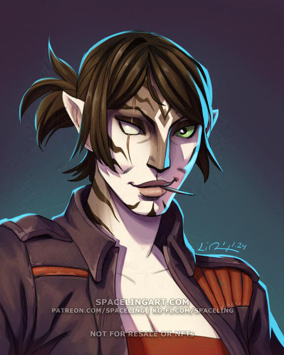 Digital portrait illustration of a cathar from Star Wars, this is an alternate version of the previous image. The character is female with short-ish brown hair in a loose ponytail. She has short brown and white fur with black stripes over her face and neck
