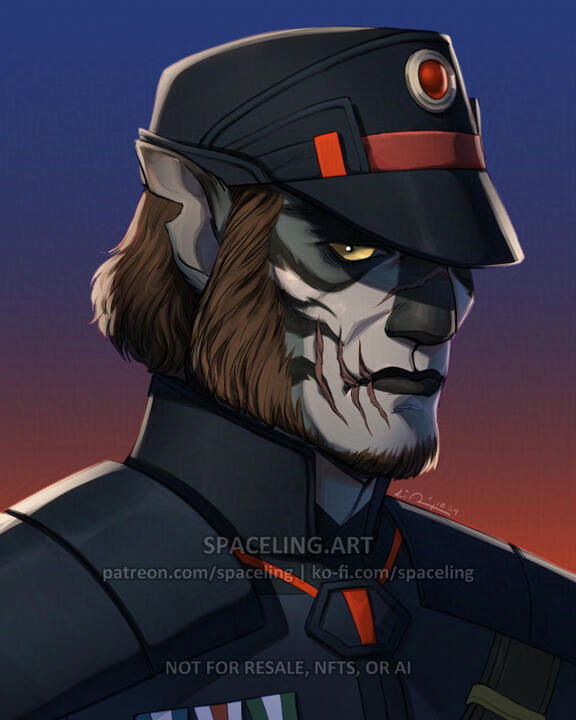 Portrait illustration of a cathar Imperial officer from Star Wars. He has feline features, fur in two shades of grey with black stripes, piercing yellow eyes, and brown mutton-chops and hair.