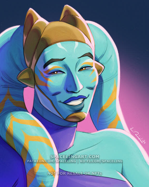 Digital painted portrait of a warmly-smiling twi'lek with light blue skin and gold strips on her face and lekku, or head-tentacles.