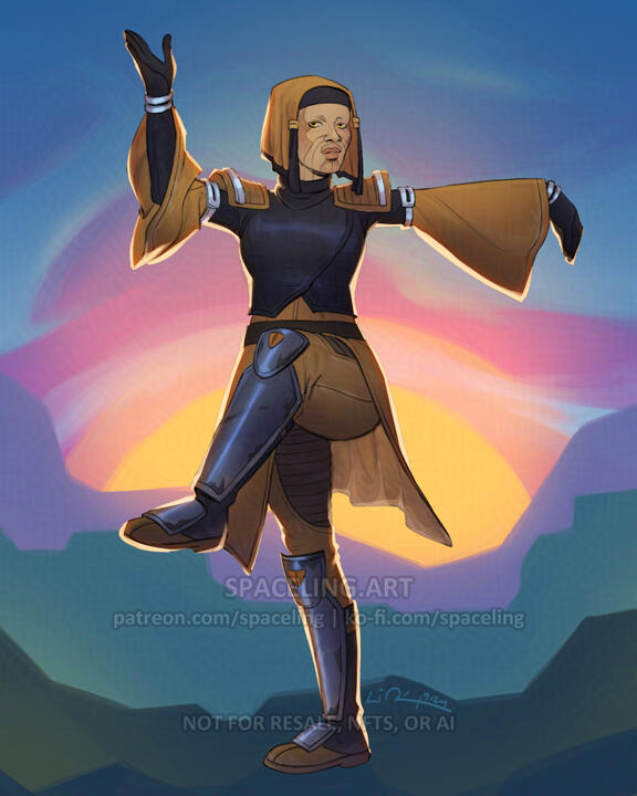 Illustration of a jedi with facial tattoos; she is in a standing meditation pose and a sunset behind her.