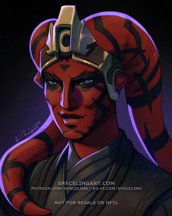A digital painted portrait of a red-skinned Twi'lek Sith with black tattoos over her face and lekku, or head-tentacles. She is wearing an ornate headdress and has a malicious smirk on her face.