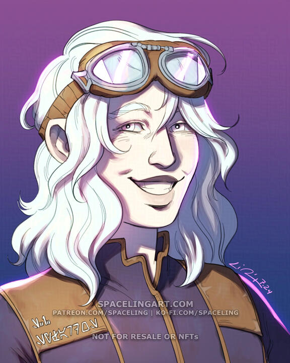 Portrait illustration of a smiling teenaged girl with white hair, eyes, and fair skin. She's wearing pilot's goggles and a jacket with aurebesh text on it with the initials and name S.I. Syfardos