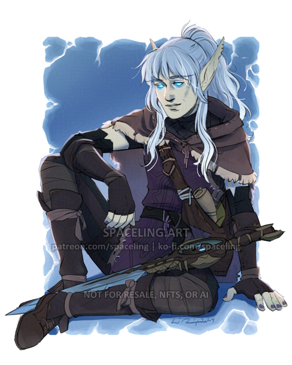 Illustration of a death knight blood elf sitting on the ground with their sword in their lap. The background is partially transparent and composed of a sheet of ice with cracks in it.