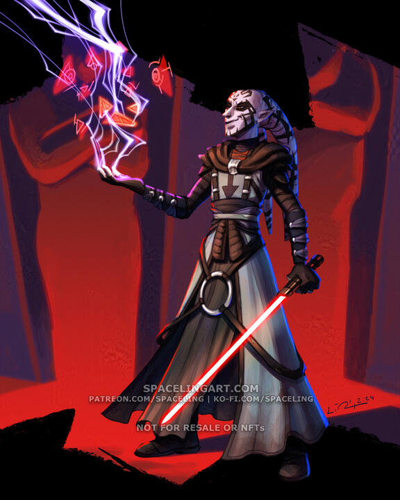 A digital illustration of a tattooed Twi'lek Sith conjuring lightning to open an ancient Sith holocron.