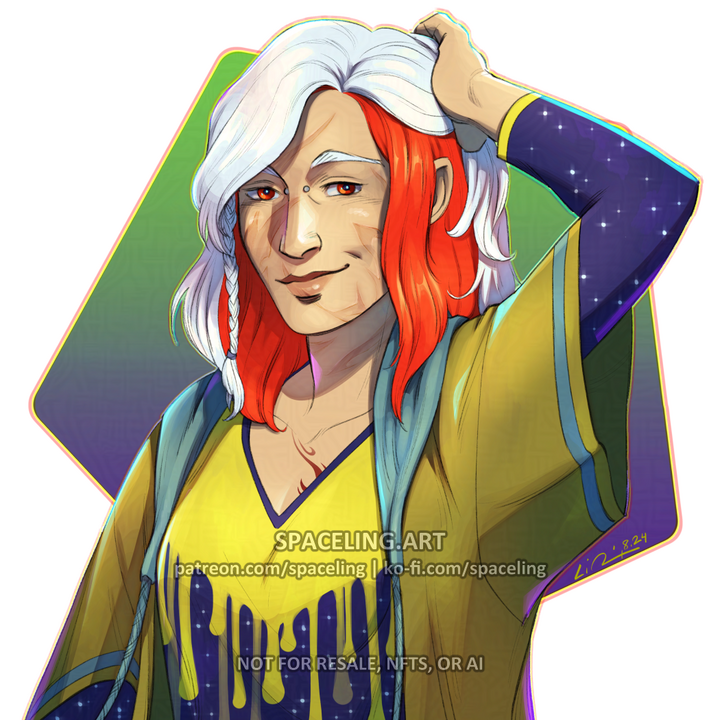 Illustration of a young woman with a scarred face; she is pulling up half of her white hair to reveal the bright red dyed hair underneath.