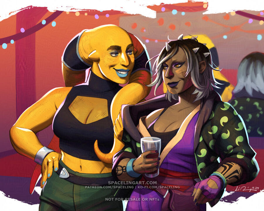 An illustration of two women, a twi'lek and a zabrak (species from Star Wars), smiling at each other and hanging out in a club. The yellow twi'lek is tugging at the zabrak's hoodie with neon accents, while the zabrak is holding a pint glass with a crimson