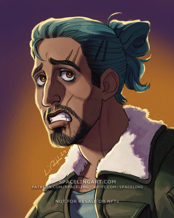 A drawing of a man with blue-green hair and a beard. His expression is one of fear.