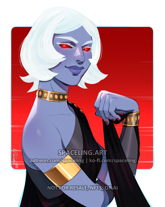 Fanart illustration of Chiss from Star Wars. She has white hair in a bob hairstyle, piercing red eyes, and is wearing draping black robes.