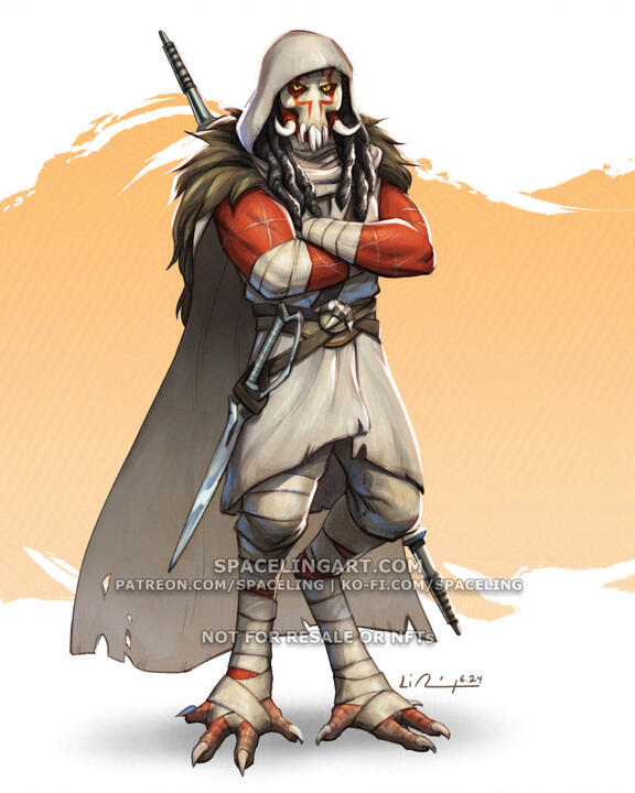 Digital illustration of a kaleesh warrior from Star Wars. He's standing with his arms folded and staring the viewer down in an intimidating manner; his skin is red and marred with many battle scars; and he is wearing a painted skull with his own curved tus