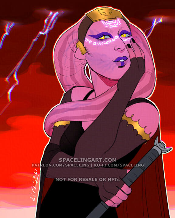 Illustration of a pink sith twi'lek with lightning behind her.