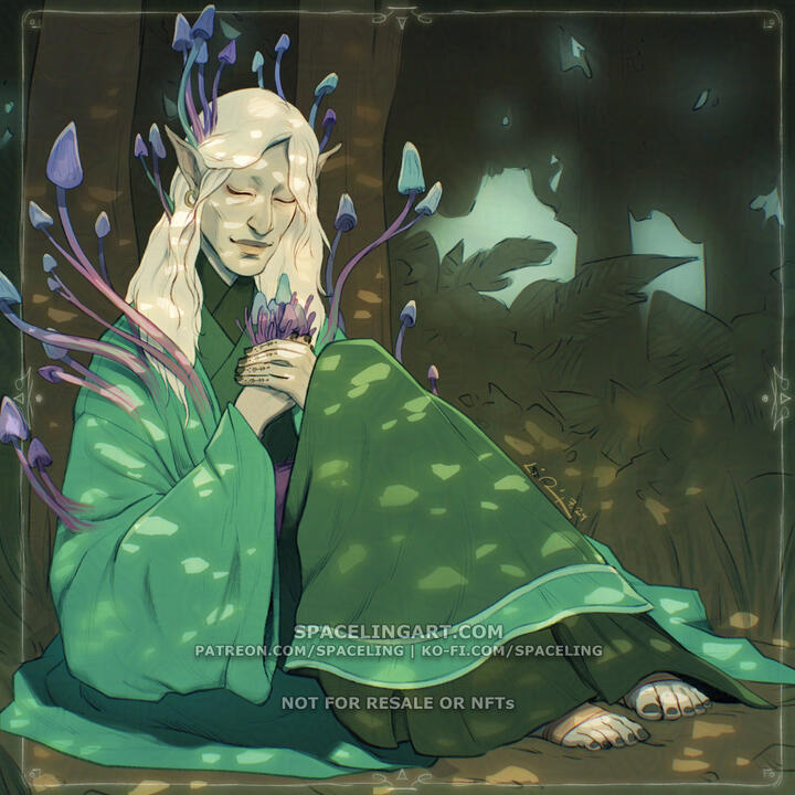 Illustration of a pale elf in flowing green hanbok, seemingly sprouting mushrooms from their hands as well as along their body. They're sitting in a dark forest with the warm dappled sunlight dancing over their skin.