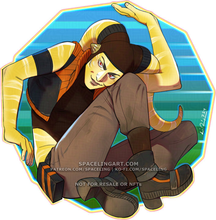 Illustration of a striped yellow twi'lek contorted over herself to fit inside a blue-coloured decagon.