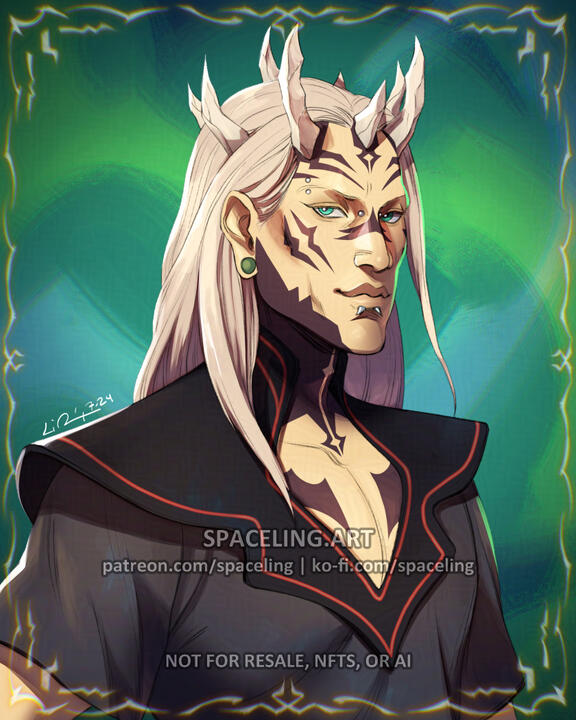 Illustration of a zabrak with black tribal tattoos on his face and chest, and eight long, jagged horns growing from the top of his head. He has a yellow skin tone with long fair hair and vivid green eyes, and is wearing a dark tunic with brown accents.