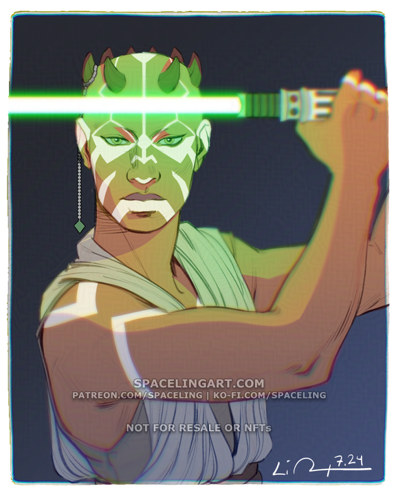 Illustration of a zabrak padawan with tan skin and white tattoos holding a lightsaber up with the blade glowing before his face. He is also wearing a thin chain from one of his horns as a padawan braid.