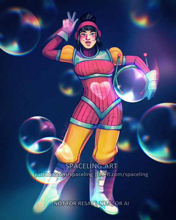 Illustration of a colourful spacefaring woman holding her space-helmet under her left arm and holding a peace sign up with her right hand. She's smiling and dressed in vibrant space adventuring gear of pinks, teals, and yellows. She's standing in a void of