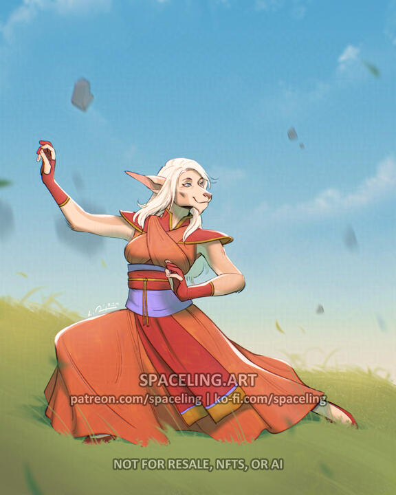 Illustration of a bothan, a canine-like humanoid, making stones float around her with the Force. She's in a flowing red robe and is in a sunny field of grass.
