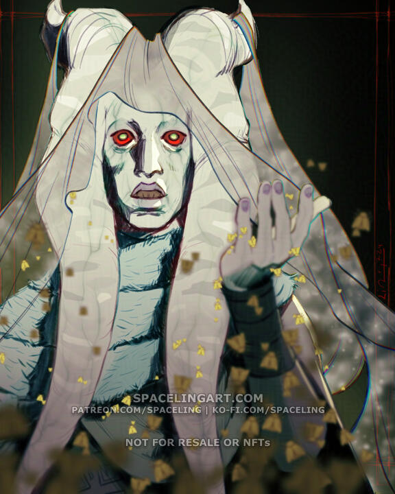 Illustration of a very pale togruta with red eyes and a floating veil. She's ominously staring at the viewer with an outstretched hand, summoning forth an insect miasma.