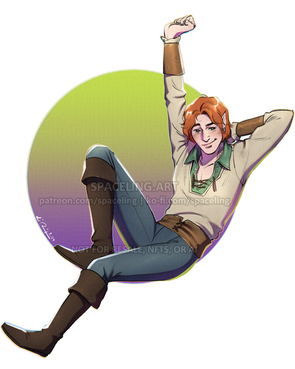 Illustration of a ginger elf with freckles in casual fantasy clothing. He's sitting in on the edge of a circle, which composes the abstract background of the image, and is stretching one arm up in the air. He's giving the viewer a little smirk.