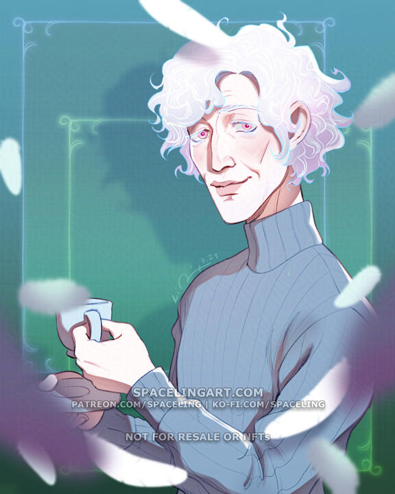 Illustration of an albino androgynous person in middle age; they are in a light blue turtleneck and holding a teacup and saucer. White feathers are floating down around them.
