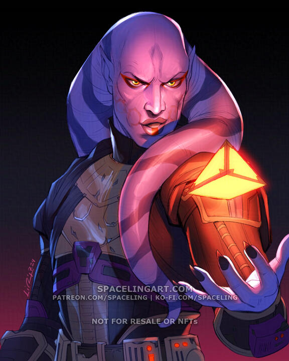 Illustration of a twi'lek sith with a holocron floating and glowing in front of him.