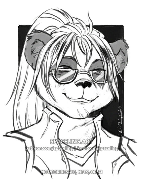 World of Warcraft fanart illustration of a pandaren. The image features a black and white sketch of a panda-like character with animal ears, styled with long hair. The character is wearing a collared outfit, and the lines are expressive, capturing a dynami