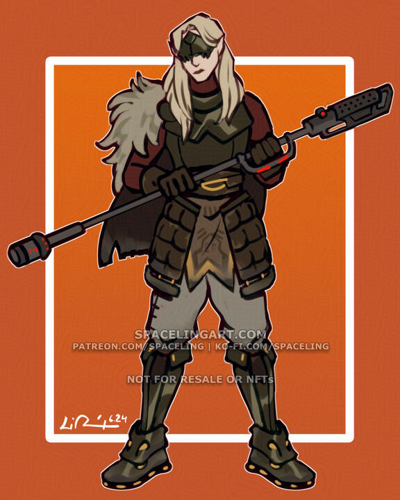 Illustration of a warrior woman standing and holding a sci-fi spear before her. She has fair hair and skin and is clad in metal and leather armor, fur along her medium-length cape, and a metal half-mask over her face that hides her eyes.