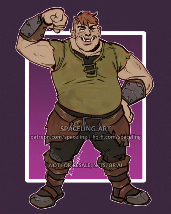 Illustration of a half-ogre woman showing off her bicep. She's large and of stocky and androgynous build.