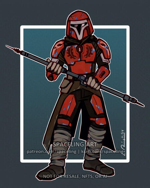 Star Wars fanart illustration of a Mandalorian in red armour weilding a staff.