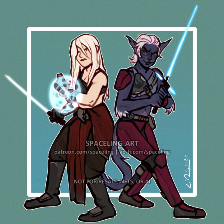 Star Wars fanart illustration of two jedi standing back-to-back with their lightsabers drawn; one also has a Mandalorian holo-shield.