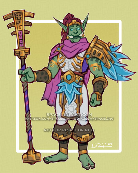 Digital illustration of a zandalari troll from World of Warcraft, standing proud and decked out in a white, pink, and purple outfit with gold accents.